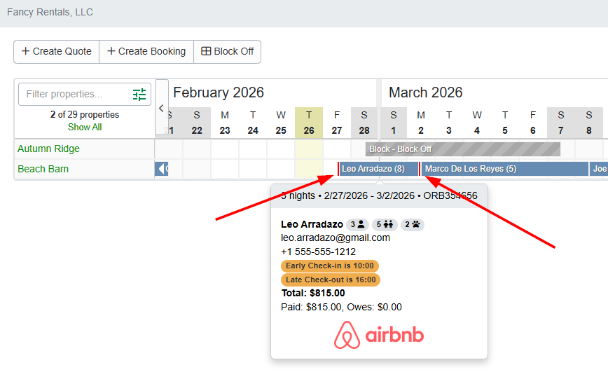 On the Booking Ribbon view, bookings with&nbsp;early check-in or late check-out time requests will display a small vertical red bar at their beginning (check-in) or end (check-out).&nbsp;