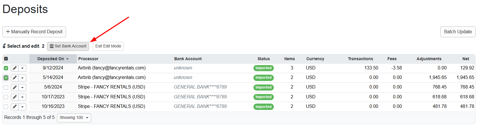 On the Deposits grid, you can select one or more individual deposits and associate a bank account with each deposit by clicking the Set Bank Account button.