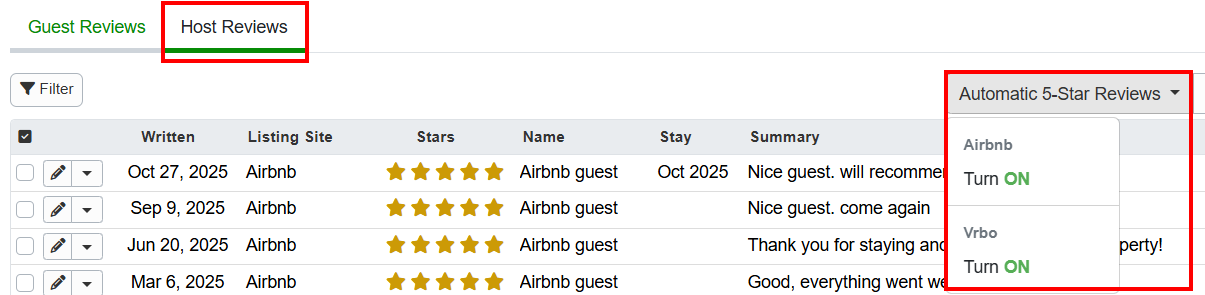 OwnerRez enhanced the automatic 5-star host review process (Reviews > Host Reviews > Automatic 5-star Reviews) in our October 29th release, introducing a more intuitive interface.