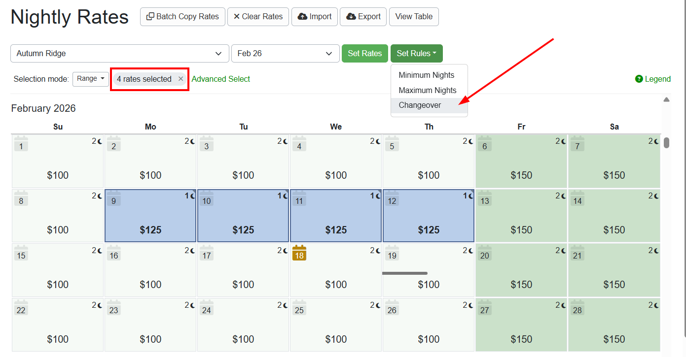 Users can also set specific changeover rules directly from the Calendar by selecting the dates, clicking the Set Rates drop-down list, and selecting Changeover.