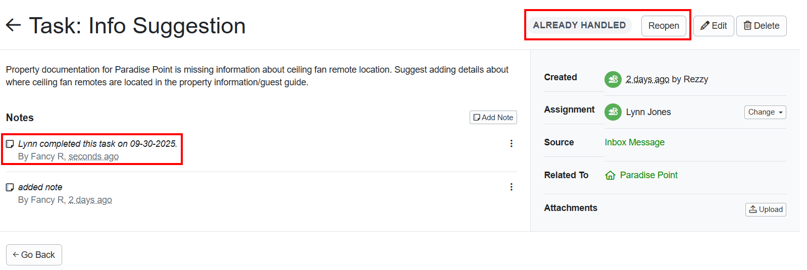 The updated task resolution status label and notes about the task resolution will be clearly displayed on the individual task, along with a Reopen button if users need to reopen the task.