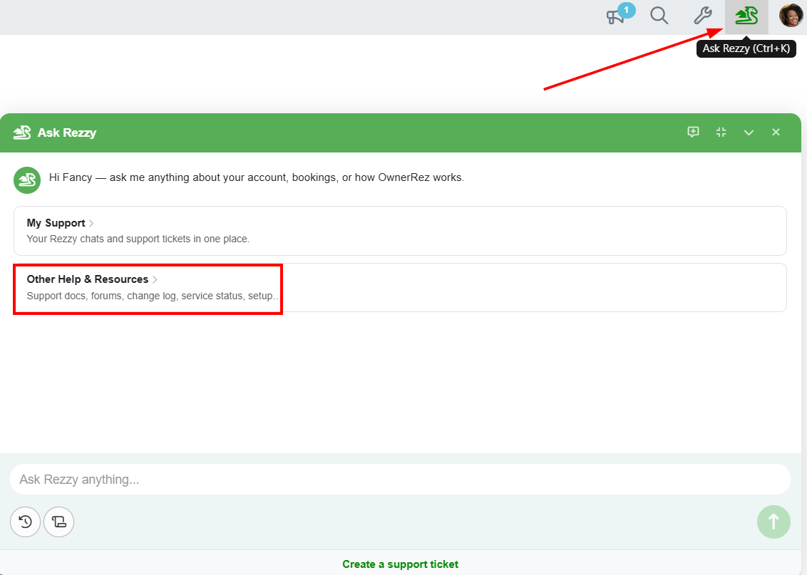 Or you can click on the Other Help & Resources link within the Ask Rezzy window.
