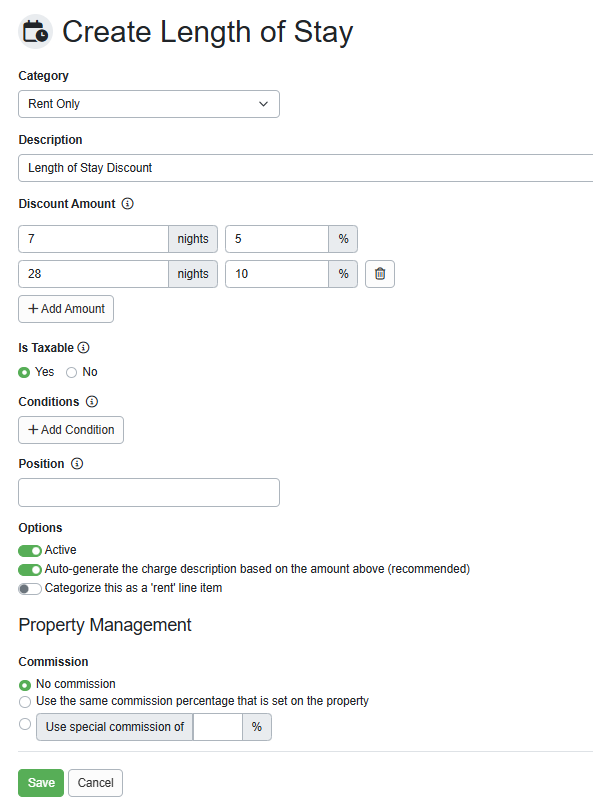 On the Create Length of Stay page, select the Category, enter the Description, and Discount Amounts (number of Nights and Percentage off).