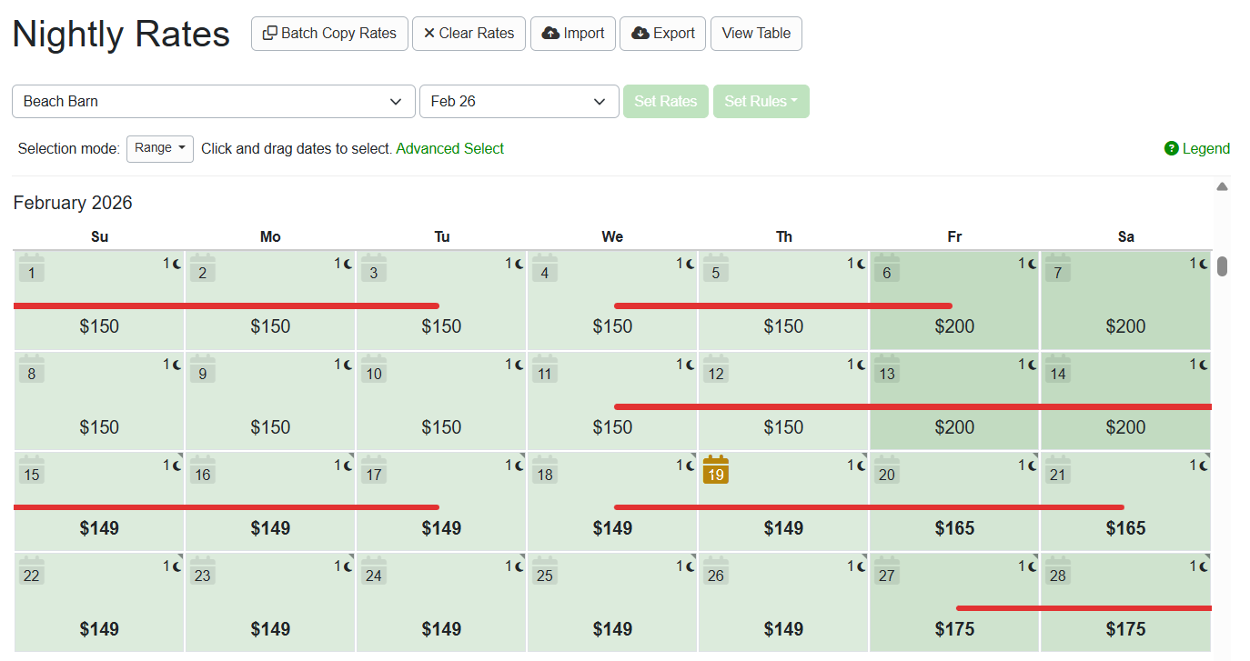 The primary and default interface is the Nightly Rates calendar. It offers a calendar-style display showing existing rates for a property&nbsp;or 0 if no rates are applied. The&nbsp;Nightly Rates calendar&nbsp;displays the rates calendar in a monthly view.&nbsp;Users will make most, if not all, of their nightly rate changes in this section.