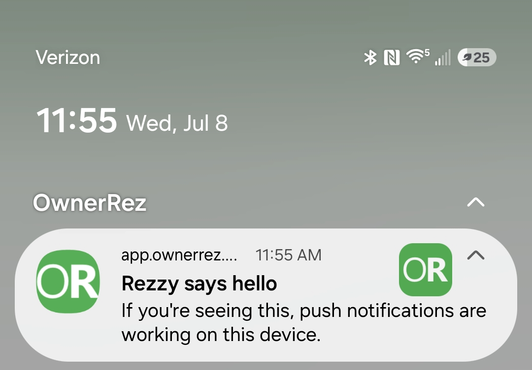 After you click the Test button, you'll receive a notification from Rezzy on your subscribed device.
