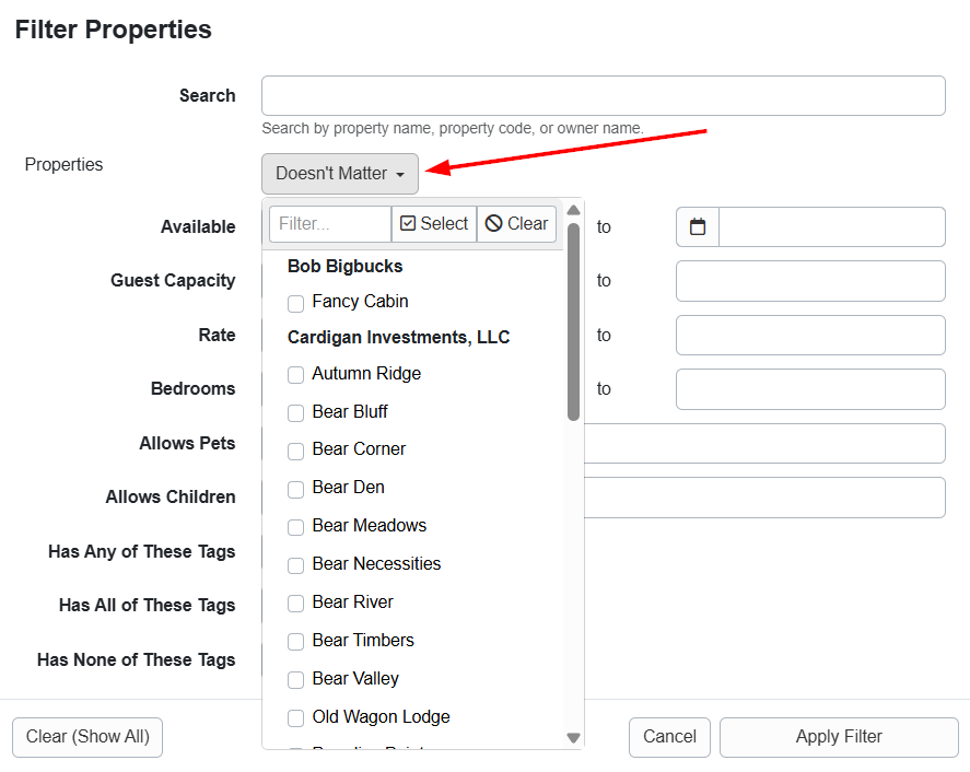 You can now filter properties when you click on the filter icon on the Ribbon calendar.