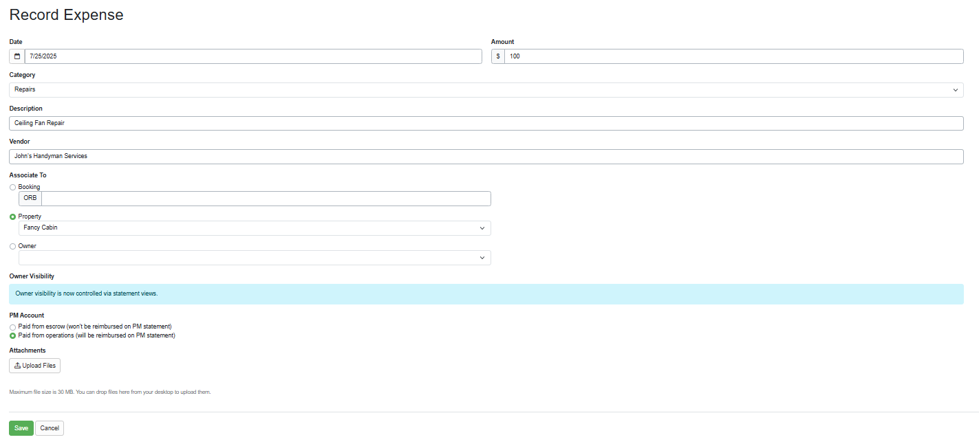 Enter the expense details and associate the expense to one of the following, Booking, Property, or Owner. At the bottom, you can determine if this expense was paid from your escrow (won't be reimbursed on PM statement) or the defaulted operations account (will be reimbursed on PM statement). 