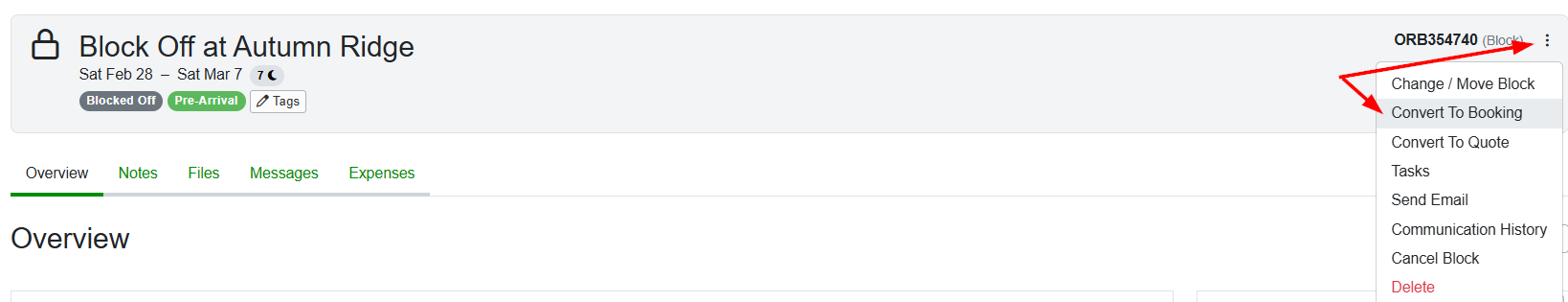 From the upper right kebab menu dropdown list, select Convert to&nbsp;Booking (or Quote).