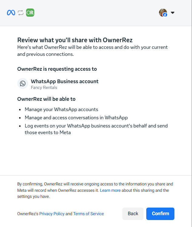 Review what you'll share with OwnerRez and click Confirm.