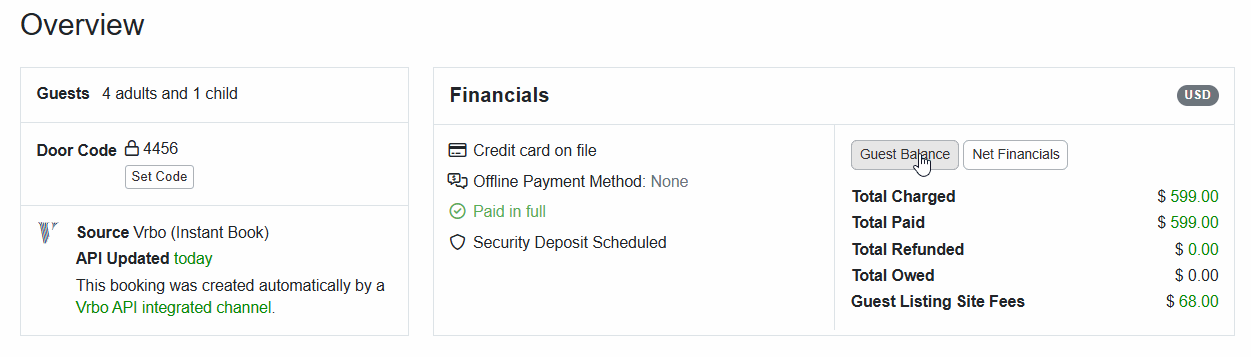 On desktop, we combined the financial information, Guest Balance, and Net Financials into a single section that you can toggle to view each individually.