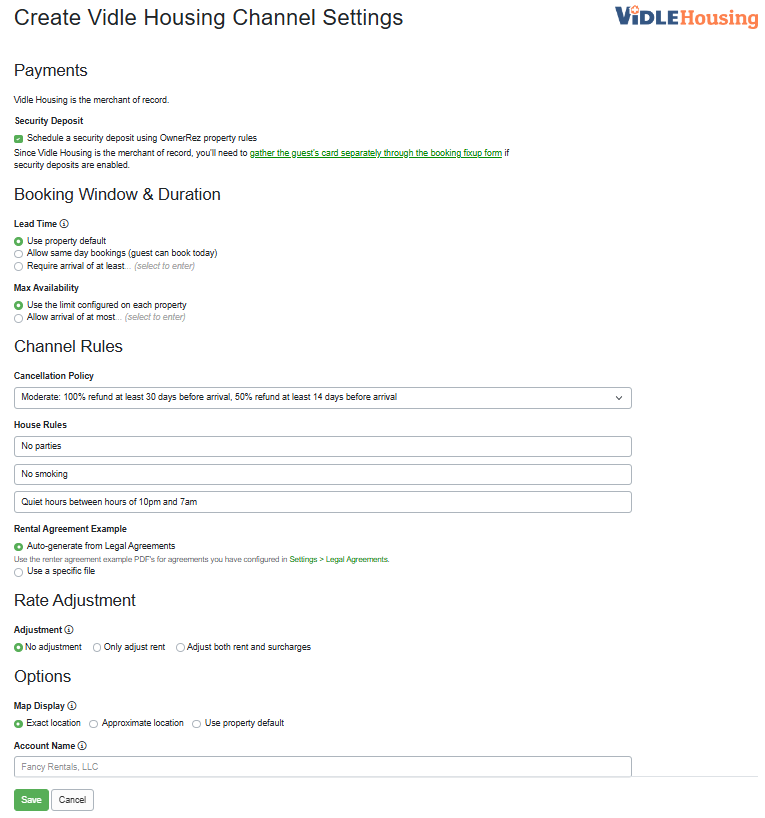 Complete the Payments, Booking Window & Duration, Channel Rules, Rate Adjustment, and Options sections, and Save.