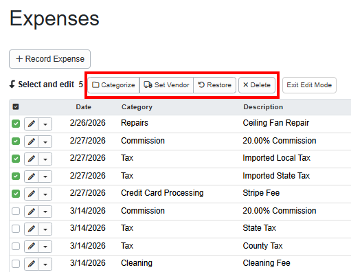 Within your filtered search results, you can select individual expense(s) and use the following buttons: Categorize, Set the Vendor, Restore, or Delete to process them in one bulk action.