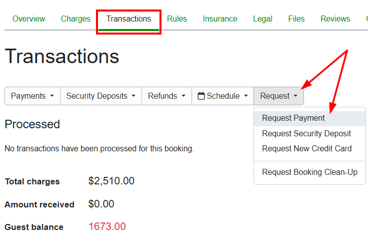 Once the booking has been finalized, you can collect&nbsp;payments from the other guests by navigating to the Booking > Transactions tab and from the Request dropdown list select Request Payment.