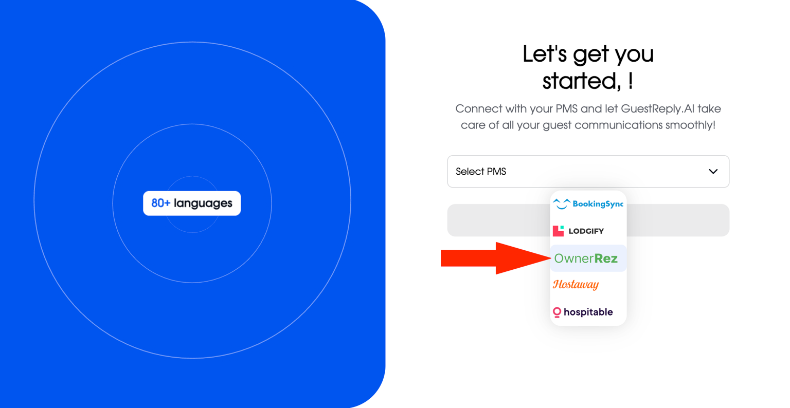 After registering a new account in GuestReply, you'll see a screen to select your PMS. Click the OwnerRez option in the list of available integrations, then click Link Account.