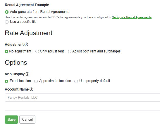Choose from the Rental Agreement Example options (such as Auto-generate or Use a specific file), add a Rate Adjustment if desired, complete the map Options section, and then Save.