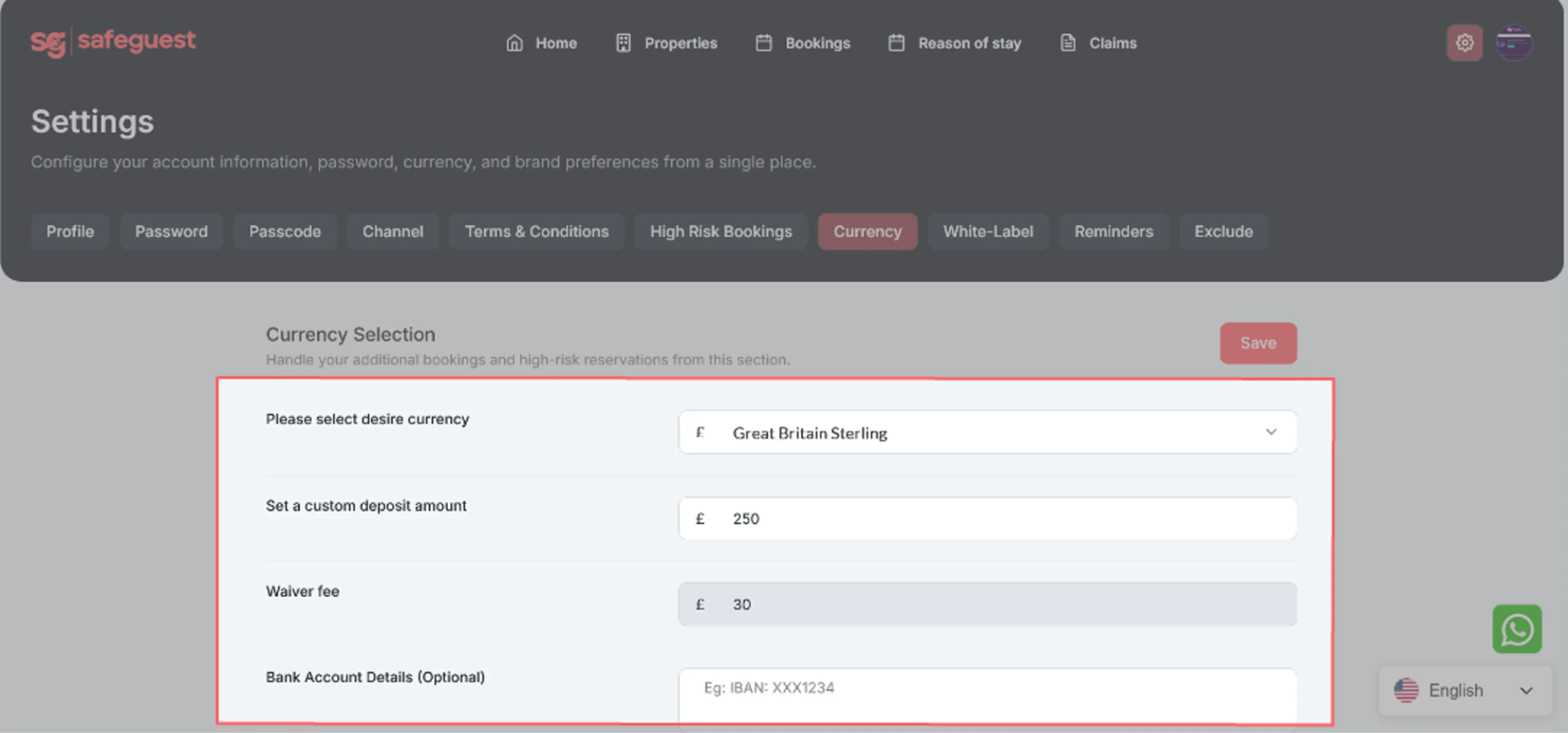 7.&nbsp;Configure Currency and Deposit Settings  Navigate to the Currency tab within your SafeGuest account settings. Select your account currency from the available options.&nbsp; Set a default deposit amount. The waiver amount is calculated automatically. Save your settings.