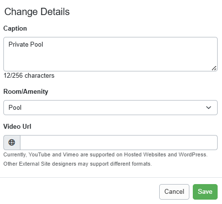 In the Change Details pop-up, select the Room/Amenity from the drop-down list, and select the Room or Amenity you wish to connect to this photo. You can also edit the Photo Caption.