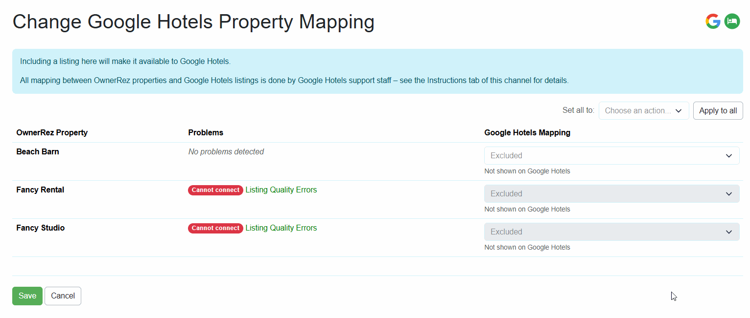 Hosts can set all properties to be excluded or added to the Hotel listed in the dropdown, then click the Apply to all button, or&nbsp;exclude or add to the Hotel for individual properties.