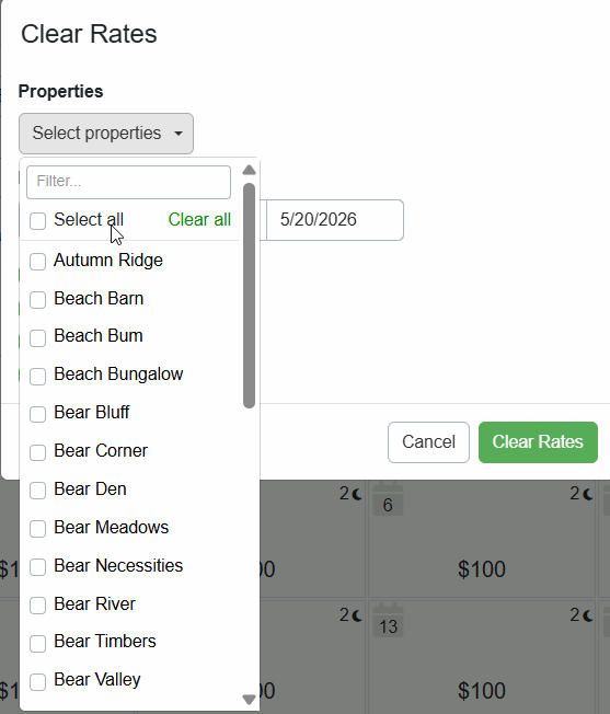 Users can click Select All to select all, click it again to deselect all, click Clear All to clear their selection, and use type-ahead in the Filter field to search for specific items or properties.&nbsp;