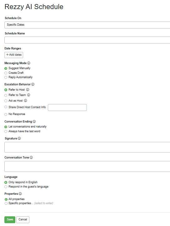 The Rezzy AI Schedule lets you create a schedule with choices for days of the week or specific dates, date ranges, messaging mode, escalation behavior, conversation-ending methods, and options for signature, language, and property.