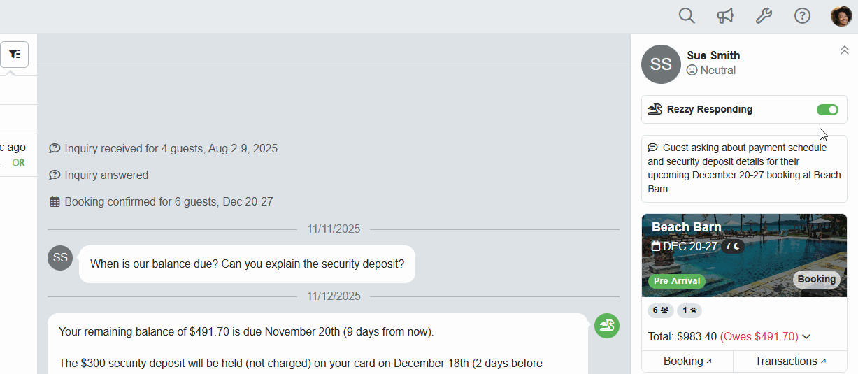 OwnerRez added the ability to pause Rezzy AI's automatic responses on specific conversations for a set time period or indefinitely by toggling the Rezzy Responding button.