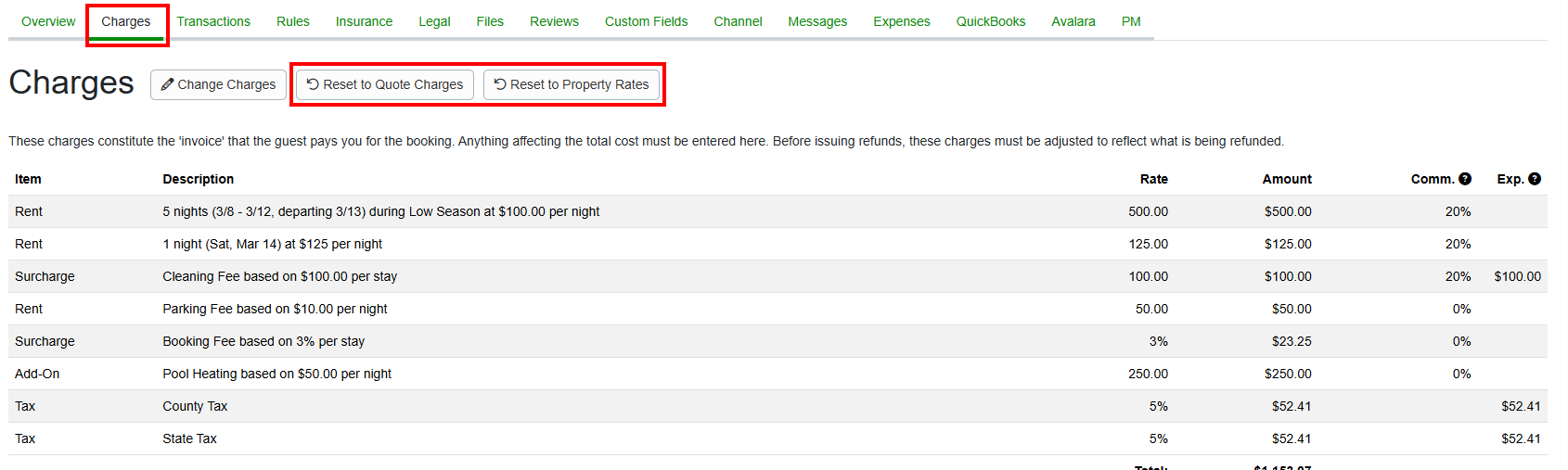 If&nbsp;at any point you want to undo your custom changes and return to the property or quote rates, users can click the&nbsp;Charges&nbsp;section of the quote or booking and select&nbsp;either the&nbsp;Reset to Quote Charges or Reset to Property Rates buttons. This will recalculate the rates based on the standard rates users have configured.