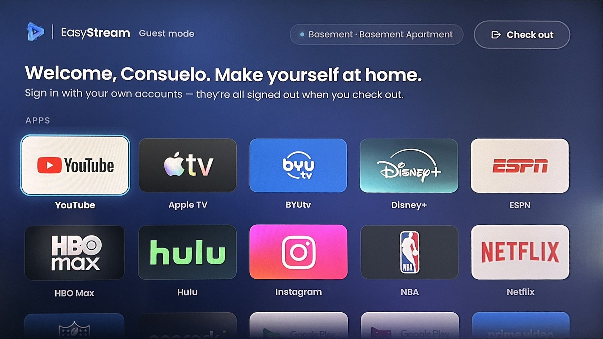 When a guest turns on the TV, Guest Mode greets them by first name, for example 