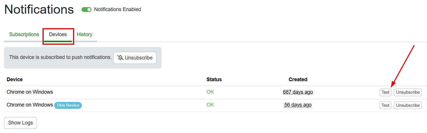 Hosts can test their subscribed devices by navigating to&nbsp;My Profile >&nbsp;Notifications > Devices tab, and clicking on the Test button.