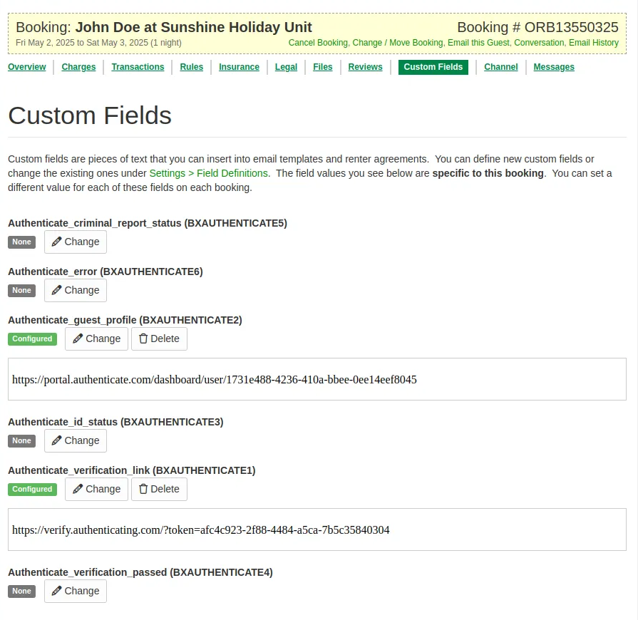 The user profile and verification link will be added to the booking in OwnerRez and can be viewed in Custom Fields.