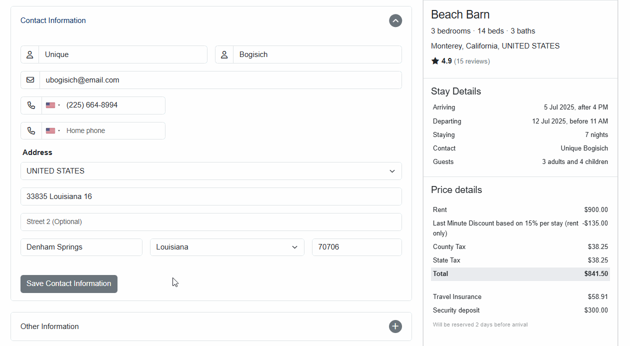 The Contact Information automatically fills in the details your guest entered into your Book Now form, allowing guests to complete their address, city, and zip code. When saved, the  Other Information section automatically opens.