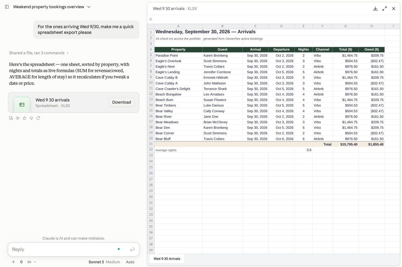  In conclusion, you can request a spreadsheet export of all guests arriving next Wednesday, with reference to your original reason for your visit.&nbsp;Your AI Assistant can generate&nbsp;an Excel file and switch over to a spreadsheet viewer.