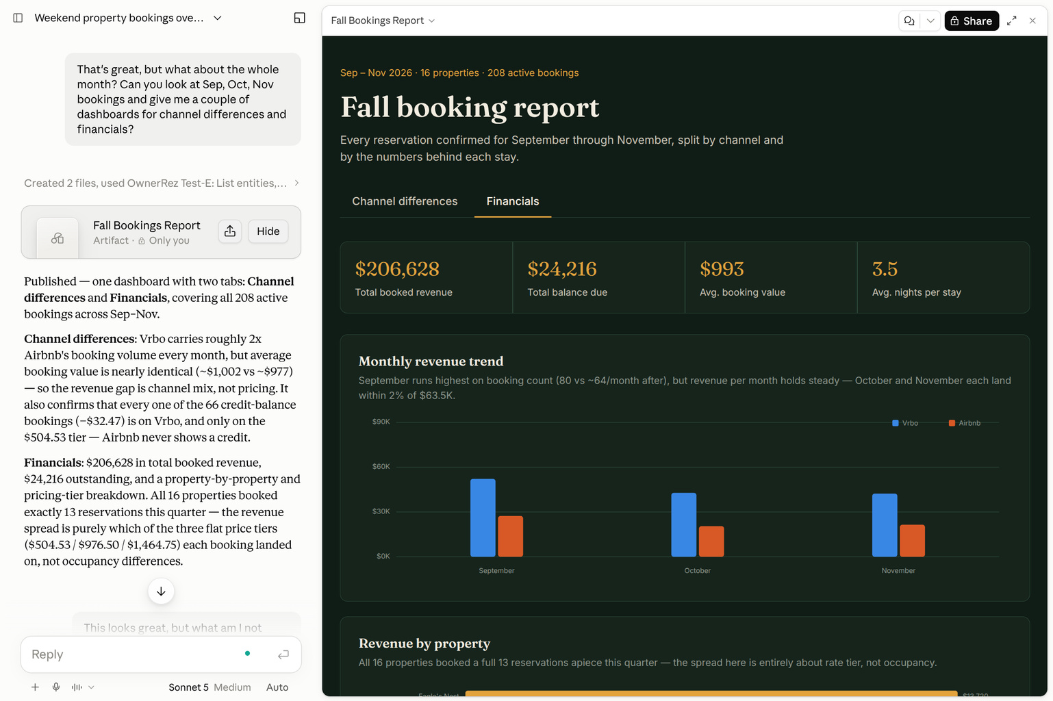 By expanding your question, you can request a visual representation of the channel and financial differences over several months. Your AI Assistant creates another dashboard with two tabs. Financial analysis: