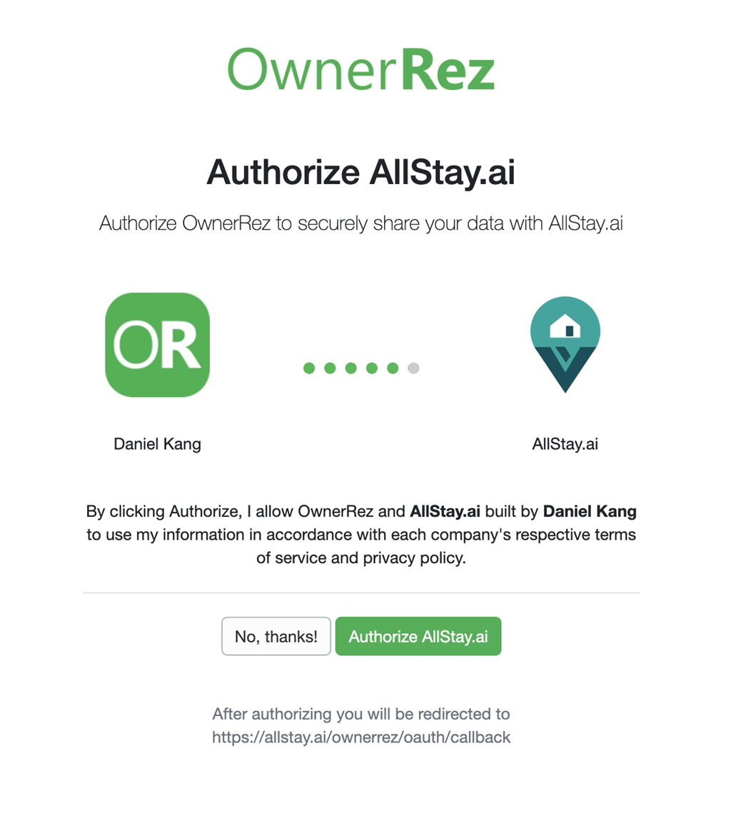 Step 4: Authorize AllStay.ai  You will be redirected to OwnerRez's authorization page. Review the permissions and click 