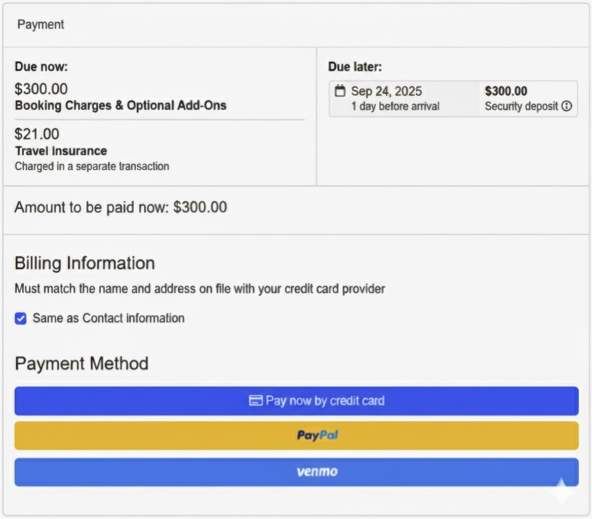 You don’t need to take action yet, but please be aware that all accounts using the current PayPal connection must upgrade before the December deadline to avoid any disruption to payments.  Our team is finalizing new versions of the guest payment and security-deposit forms that will be released soon. Once those are ready, we’ll send another message with step-by-step instructions for upgrading. Below is what guests will see after the upgrade: