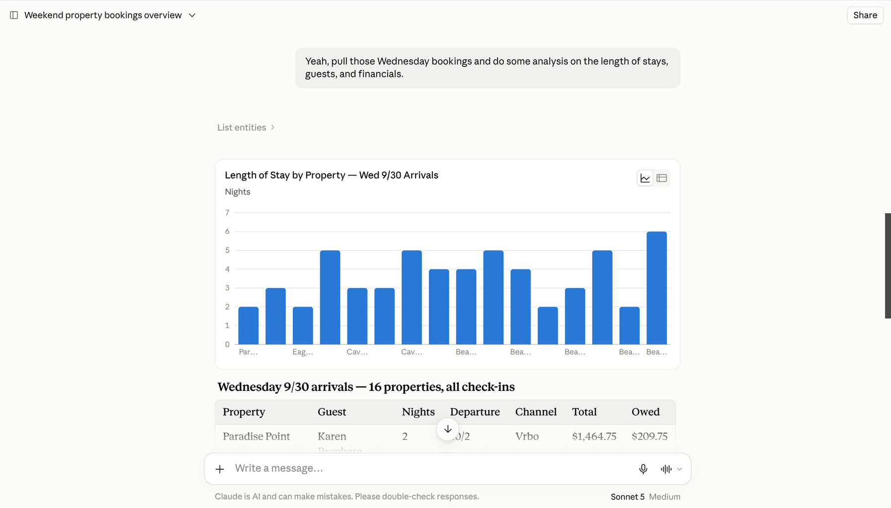 In this case, you told your AI Assistant to pull a set of bookings and show the length of stay and other analysis.&nbsp;And your AI Assistant responds with a graph and a data table to illustrate the visual differences.