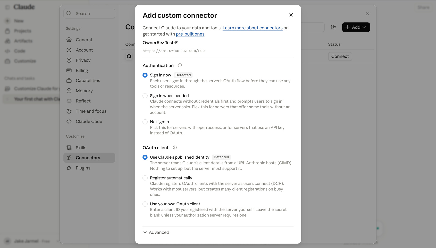 Claude AI will auto-detect how to sign in and add the connection.