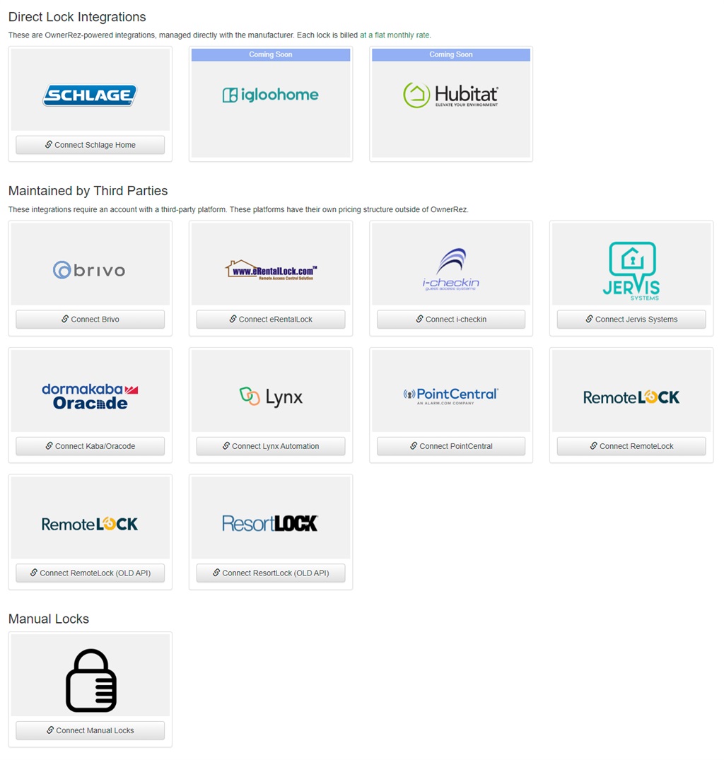 Overview - Door Locks - Integrations - Support - OwnerRez