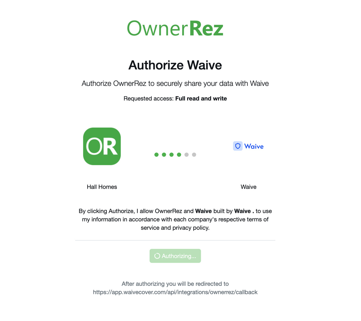 In OwnerRez, approve the authorization request for Waive. After approval, OwnerRez redirects you back to Waive.