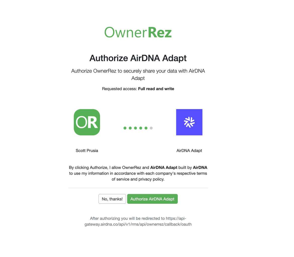 Authorize in OwnerRez  Click Connect OwnerRez. You'll be taken to OwnerRez to approve the connection. Sign in to your OwnerRez account if you're not already signed in. Choose Allow to grant AirDNA access to your listings.