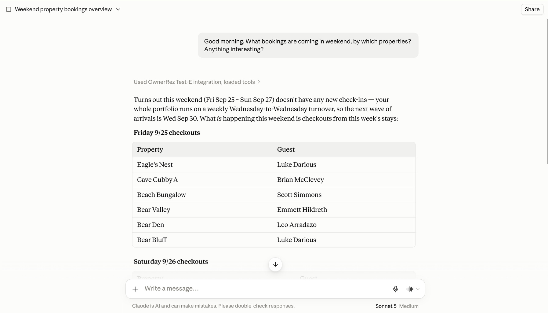 Once connected, you can begin asking questions directly within your&nbsp;AI assistant (Claude.ai or ChatGPT), such as&nbsp;What bookings are coming in this weekend, by which properties? Anything interesting? Where appropriate, your AI Assistant displays tables or other dashboards with the answers.