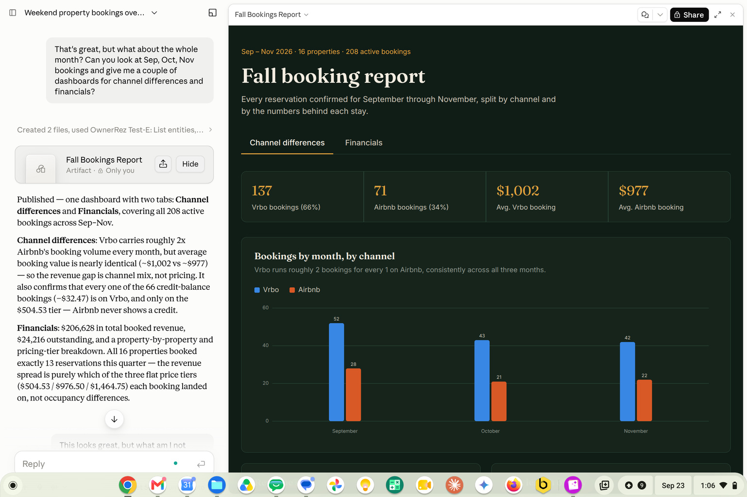 By expanding your question, you can request a visual representation of the channel and financial differences over several months. Channel analysis: